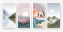 Abstract Landscape Posters. Modern Background With Mountains Sunset Sun And Lakes, Trendy Vintage Banners With Nature Graphic. Vector Illustration Set