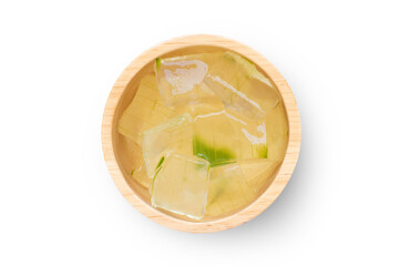 Wall Mural - Aloe vera gel in wooden bowl isolated on white background with clipping path. Top view. Flat lay.