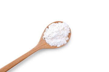 Calcium hydroxide powder (Deydrated lime) in wooden spoon isolated on white background. Top view. Flat lay.