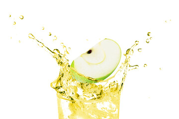 Canvas Print - Glass of fresh green apple juice or apple cider vinegar splashing isolated on white background.