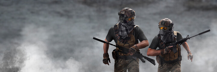 Wall Mural - Two military mercenaries march against the background of a concrete wall and smoke. Collage - one model in two poses.