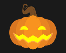 Halloween Pumpkin With Happy Face, Round Eyes On Black Background, In Flat Style, Vector