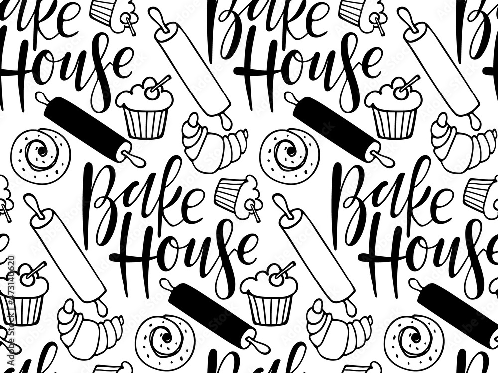 Seamless pattern with Bake House Calligraphy lettering, rolling pin ...