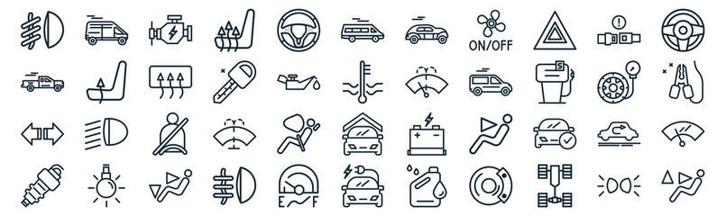 Wall Mural - auto thin line icon set such as pack of simple stee wheel, car key, seat belt, light, , defrost, buckle icons for report, presentation, diagram, web design