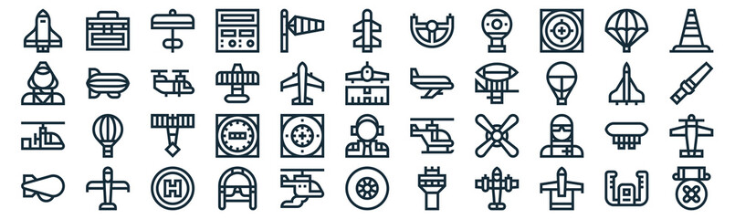 aviation thin line icon set such as pack of simple windsock, wright flyer, demoiselle, ultralight, autogyro, helicopter, parachute icons for report, presentation, diagram, web design