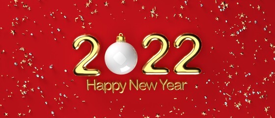 Poster - 2022 New Year celebration theme with confetti and bauble - 3D render