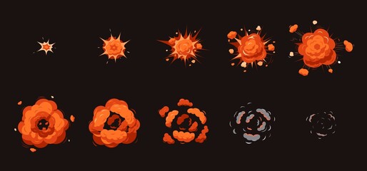 Poster - Explosion animation. Cartoon explosions, smoke disappear. Atomic blast frames, danger bang effect. Comic bomb boom recent vector step by step illustration