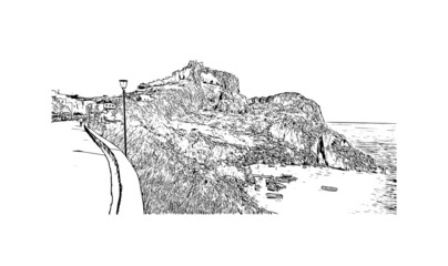 Building view with landmark of Lindos is the 
village in Greece. Hand drawn sketch illustration in vector.