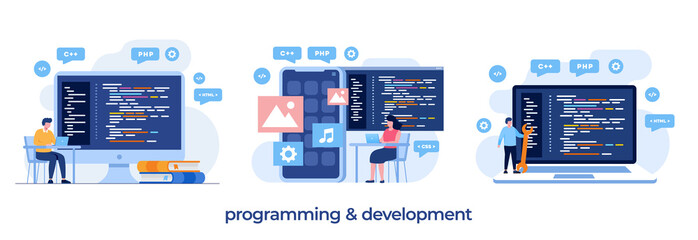 Wall Mural - web development. programming languages. css, html, it, ui. programmer cartoon character developing w