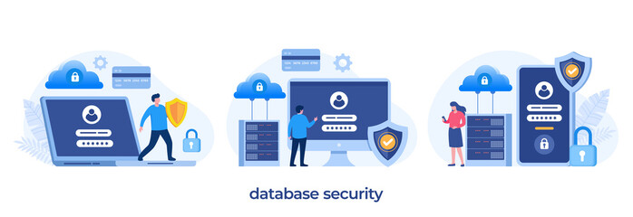 Database and personal data security, cyber data security, privacy, flat design concept illustration template