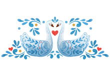 Symmetrical Composition With Swans, Flowers And Hearts On The Theme Of Valentines Day.