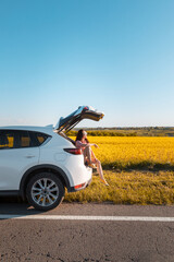 Canvas Print - smiling pretty woman sitting in suv car trunk on sunset looking at farm field