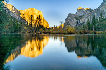 El Capitan and bridal veil falls reflection in merced river