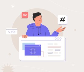 man working on web and application development. software developers concept. flat style vector illus