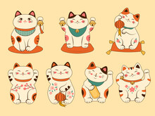 Maneki Neko. Chinese Authentic Character Asian Lucky Cat Belling Gifts Recent Vector Stylized Animals
