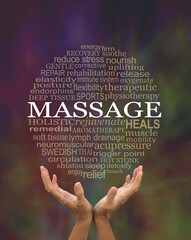 Words associated with the benefits of MASSAGE Word Circle - female cupped open hands with a circular word cloud floating above relevant to body massage therapy against a dark warm coloured background
