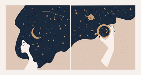 vector astrology and mystical cards or banner template. woman face with long hair and hand holding t