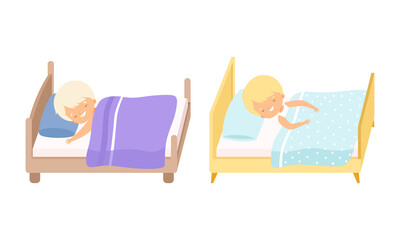 Sticker - Little Boy Sleeping Sweetly on Soft Pillow Under Blanket in Their Bed Vector Set