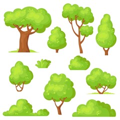 Wall Mural - cartoon hedge set. garden park green bushes, gardening plants with flowers, forest vegetation, trees