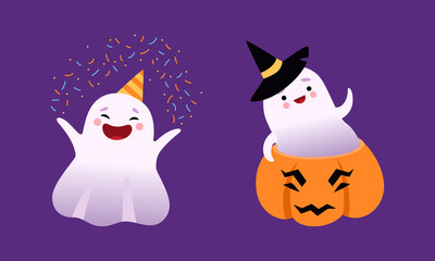 Sticker - Cute Ghost with Smiling Face in Pumpkin and Wearing Birthday Hat Vector Set