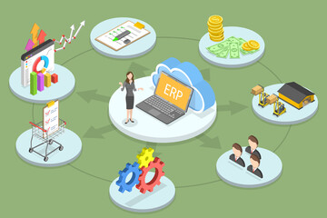 3D Isometric Flat Vector Conceptual Illustration of Cloud ERP, Enterprise Resource Planning Software