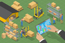 3D Isometric Flat Vector Conceptual Illustration Of Warehouse Management Software , Automation In Logistics