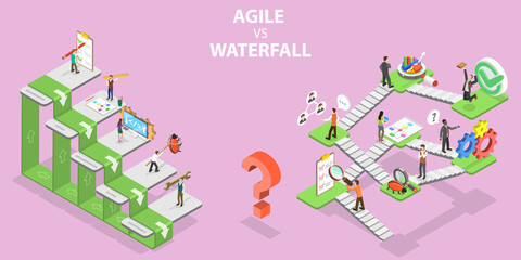 Wall Mural - 3d isometric flat vector conceptual illustration of agile vs waterfall methodologies, software devel