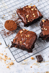 Wall Mural - Chocolate brownies with hazelnut crumbs on top, on a tray with cacao powder, chocolate crumbs on a white rustic background. Very fudge brownies