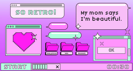 Poster - Retrowave user interface, retro operating system with message boxes and folders. Cute vaporwave vector illustration.