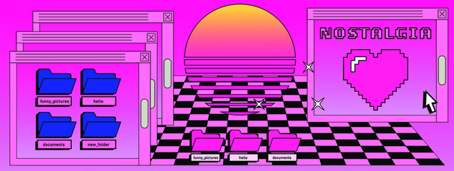 Retrowave style operating system with message boxes and folders. Vaporwave style vector illustration.