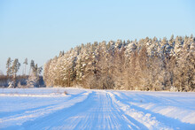 A Beautiful White Snowy Winter Road With A Little Sunlit Trees On A Nice Day