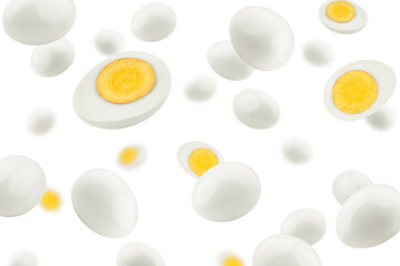 Falling boiled Egg without shell, isolated on white background, selective focus