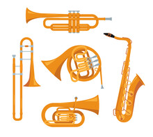 Set Of Wind Classical Musical Instruments Isolated On White Background. Golden Trumpet, Tuba, Saxophone, Trombone And French Horn Icons. Vector Illustration In Flat Or Cartoon Style.