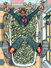 Wall Mural - Businessman in the bathroom with money. Cash dollars, wealth and lottery winnings. Big Profit Millionaire