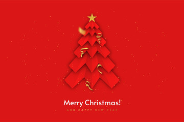 Merry Christmas and Happy New Year. Christmas background template with stylized Christmas tree in paper cut style. Golden confetti and glitter on red background