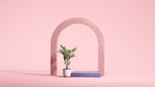 Pink Arc With Violet Square Podium Display, Plant A On Pale Pink Background. Minimal Design. Copy Space. 3d Rendering.