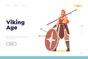 Wall Mural - Viking age concept of landing page with female barbarian warrior woman with red hair holding shield