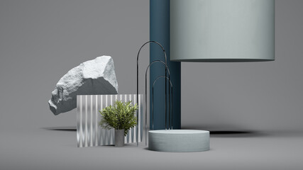 Wall Mural - White round podium display near white levitating stone, small plant, glass and different abstract geometric figures on bright gray background. Magic realism. Abstract modern art. 3D rendering.