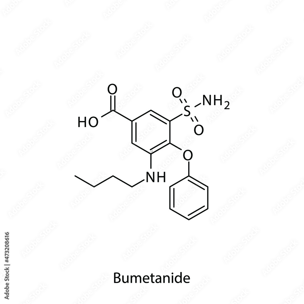 Bumetanide molecular structure, flat skeletal chemical formula. Loop ...