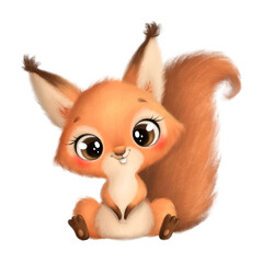 Wall Mural - Illustration of a cute cartoon squirrel isolated on a white background. Cute cartoon animals.