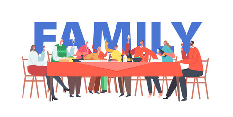 Wall Mural - Family Christmas Dinner Concept. Father, Mother, Grandfather, Grandmother, Daughter and Son Characters Celebrate Eve