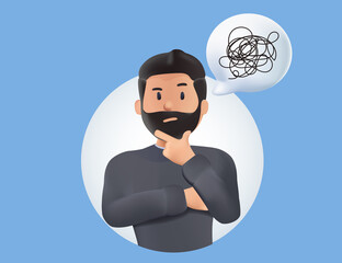 Young man with tangled thoughts. Business problem solving concept, online communication problem and question resolution. 3d vector people character illustration. Messy clew, Brainstorming, solution