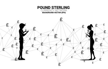 Wall Mural - Silhouette of man and woman use mobile phone with money pound sterling currency icon from Polygon connect line. Concept for British financial network connection.