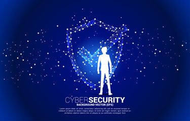 Poster - Vector Silhouette of businessman with Protection shield icon from dot connect line polygon network. concept of guard security and safety