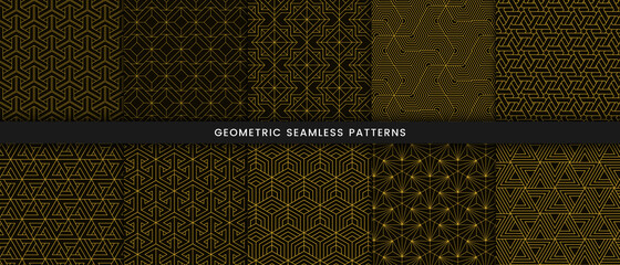 Poster -  Set of geometric seamless pattern polygonal shape. Luxury with shiny gold lines on dark background