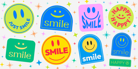 Poster - Cool Trendy Abstract Background with Smile Stickers. Emoji Patches Vector Design. Happy Pins Collection.