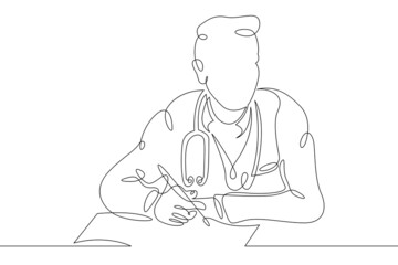 One continuous line.Medical doctor with endoscope. Doctor writes. Medicine and healthcare. Doctor visit.One continuous drawing line logo isolated minimal illustration.