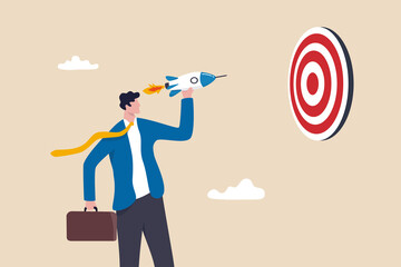 Wall Mural - Startup success target, launch new product aim for win business achievement, marketing goal or target, project plan concept, confidence businessman launch new rocket to hit target dartboard bullseye.