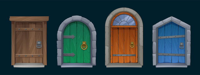 Wall Mural - Old medieval wooden doors with handle, stone arch and step. Vector cartoon set of entrance in vintage house, castle or temple. Colored ancient doors from wood planks isolated on black background