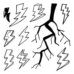 Wall Mural - set of hand drawn vector doodle electric lightning bolt symbol sketch illustrations. thunder, vector ilustration